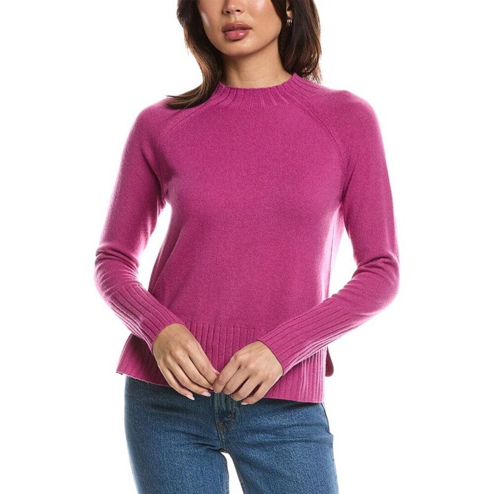 Forte Cashmere Womens  Hi Low Rib Trim Funnel Neck 100% Cashmere Sweater, Pink